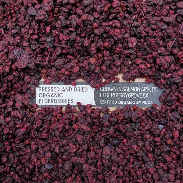 small purple dried elderberries with label that says "grown in salmon arm, bc" elderberrygrove.ca